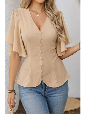 Kadın Kısa Kollu Önden Düğmeli Ithal Krep Bluz