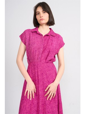 Fithit 6724 Kadın Ayaklı Yaka Kısa Kol Viskon Midi Elbise Mürdüm Çiçekli Şal Desen