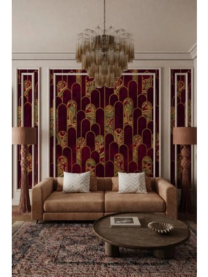 Arkhearts Ottavia Bordo Gold Art Deco Kemer Desenli Kendinden Yapışkanlı Duvar Kağıdı