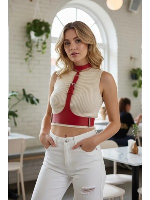 Pileli Store Kırmızı Kadın Kemer Geniş Deri Tokalı Vücut Aksesuarı - APFT1297