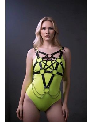 Pileli Store Siyah Kadın Kemer Zincir Detaylı Halkalı Deri Gövde Aksesuarı - APFT1399