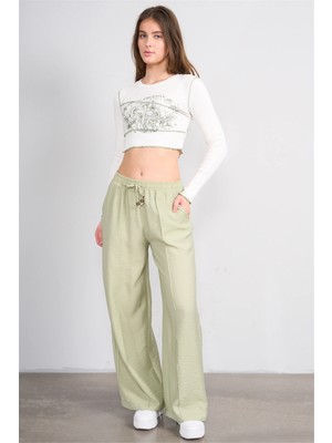 Fithit 7819 Bayan Viskon Geniş Paça Nervürlü Pantolon Açık Yeşil