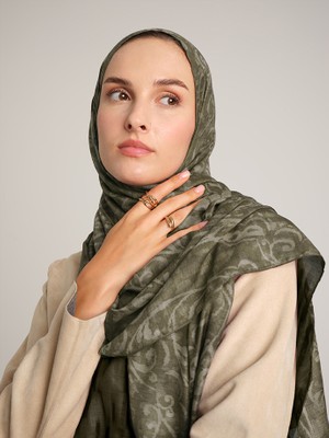 AYSHARA Yalaz Zebra Damask Desenli Çift Taraflı Şal - Haki Yeşil