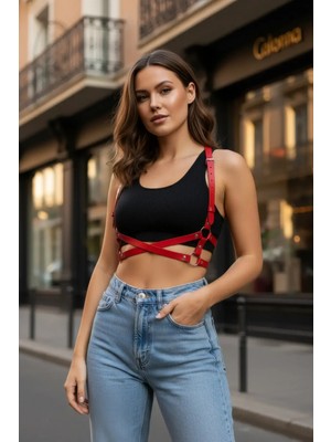 Pileli Store Kırmızı Kadın Kemer Deri Çapraz Halkalı Gövde Aksesuarı - APFT204