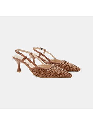 Desa Kadın Taba Sivri Burunlu Slingback Deri Topuklu Ayakkabı
