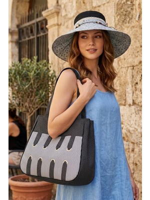 Bay Şapkacı Bohem Çiçekli Hasır Şapka ve Puantiyeli/çizgili Modern Bez Çanta Seti 1317-1336