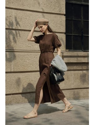 Antioch Kahve Balon Kol Midi Kadın Elbise