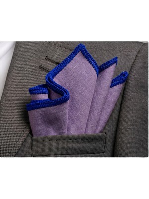 Exve Exclusive Lila Mor Rengi Keten Kenarı Lacivert El Işi Örgülü Cep Aksesuarı Yaka Mendili