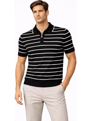 Pileli Store Erkek Triko Polo Yaka Fermuarlı Çizgili Tişört T-Shirt Yazlık Şık - Siyah