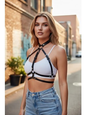 Pileli Store Siyah Kadın Kemer Çoklu Tokalı Deri Vücut Detayı - APFT119