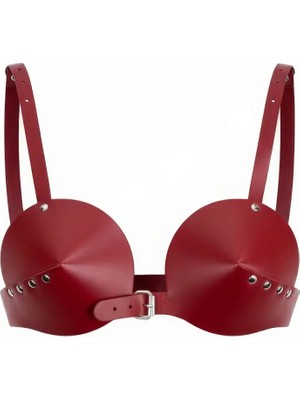 Pileli Store Bordo Göğüs Harness Konik Kaplı Deri Büstiyer - APFT250