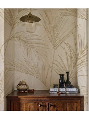 Arkhearts Arena – Bej Zemin Üzerine Minimal Palmiye Yaprak Desenli Kendinden Yapışkanlı Duvar Kağıdı