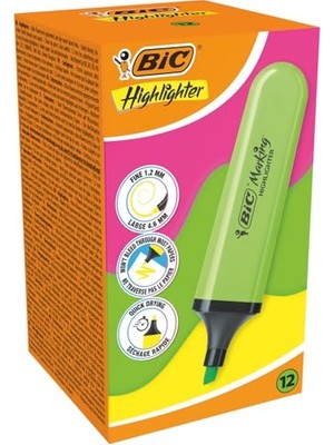 Bıc Marking Flat Higlighter Fosforlu Kalem 12'li Kutu, Yeşil Fosforlu Kalem, Su Bazlı, Hızlı Kuruyan Mürekkep