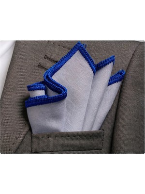 Exve Exclusive Açık Gri Keten Kenarı Mavi El Işi Örgülü Cep Aksesuarı Yaka Mendili