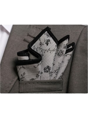 Exve Exclusive Gri Üzeri Siyah Çiçekli Pamuk Kenarı El Işi Örgülü Cep Aksesuarı Yaka Mendili