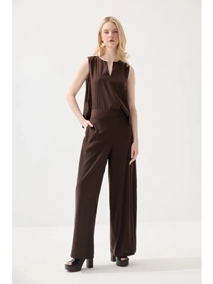 Gusto Bol Paça Tencel Pantolon - Kahverengi
