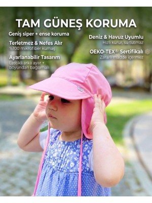 Pembe Flap Lejyoner, Ense Korumalı, Boyundan Bağlamalı, Lastikli Ayar Tokalı Çocuk Bebek Güneş Şapka