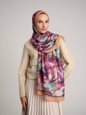 AYSHARA Kökbahar Çiçek Desenli Tek Taraflı Şal - Fuşya Pembe