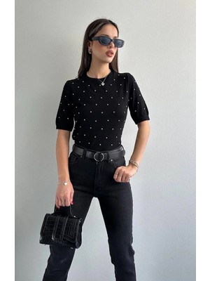 ribana Kadın Bisiklet Yaka Kısa Kollu Baklava Desenli Taş Detaylı Triko Bluz 4193