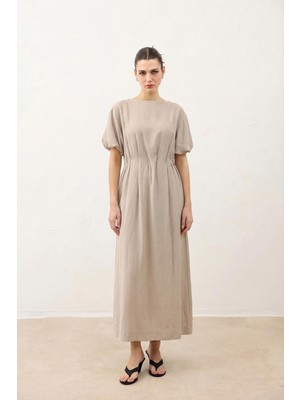 Antioch Bej Balon Kol Midi Kadın Elbise