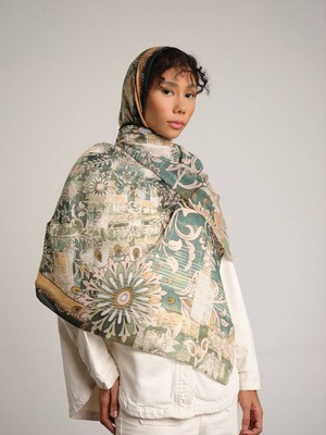 AYSHARA Nakkaşın Mührü Etnik Desenli Tek Taraflı Şal -  Yeşil Mint