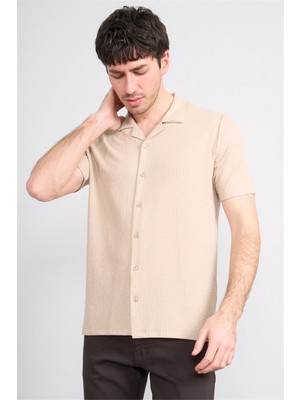Mentality 4575 Erkek Apaş Yaka Kısa Kol Regular Örme Gömlek Taş