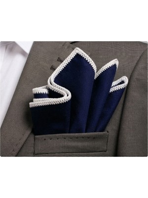 Exve Exclusive Lacivert Sade Kenarı Beyaz El Işi Örgülü Cep Aksesuarı Yaka Mendili