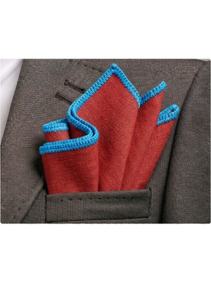 Exve Exclusive Kiremit Rengi Keten Kenarı Mavi El Işi Örgülü Cep Aksesuarı Yaka Mendili