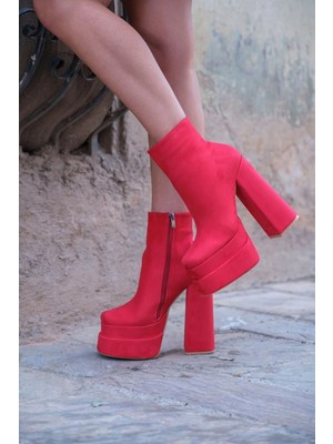 Ayakkabı Ateşi Kırmızı Süet Çift Platform Özel Tasarım Kadın Ayakkabı Vega