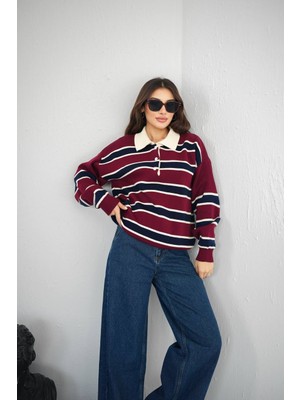 Konus Femme Polo Yaka Çizgili Triko Kazak – Rahat Kesim, Zamansız Stil-Bordo