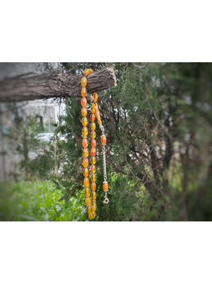 Plaka53 Shop 7X12 mm Arpa Kesim Sarı Kırmızı Geçişli Sıkma Kehribar Tesbih