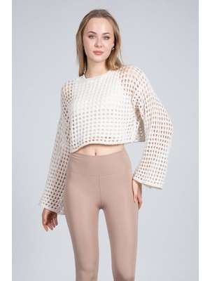 Ekru Ajurlu Crop Bluz