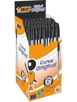 Bıc Cristal Medium Tükenmez Kalem Siyah 50'li Kutu, 1.0 mm Orta Kalınlıkta Uç, Şeffaf Gövde, Delikli Kapak