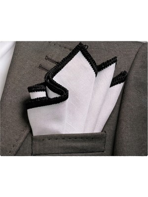 Exve Exclusive Beyaz Ketan Üzerine Kenarı Siyah El Işi Örgülü Cep Aksesuarı Yaka Mendili