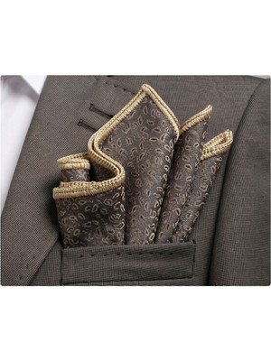 Exve Exclusive Vizon Kahve Şal Desenli Kenarı Bej El Işi Örgülü Cep Aksesuarı Yaka Mendili