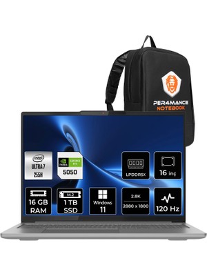 Lenovo Ideapad Pro 5 Core Ultra 7 255H RTX 5050 8GB Gaming Laptop 16GB RAM 1TB SSD 16" 120Hz Win11 Home + Per4 Çanta 83JM0014TRP308
