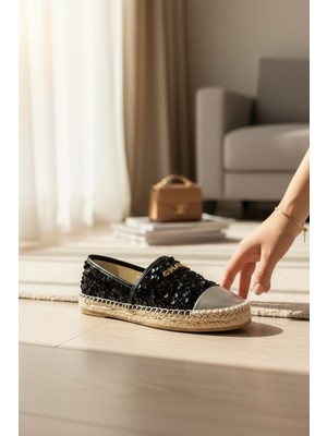 Yazın Ayakkabıları Siyah Payetli Hasır Tabanlı Espadril Günlük Ayakkabı