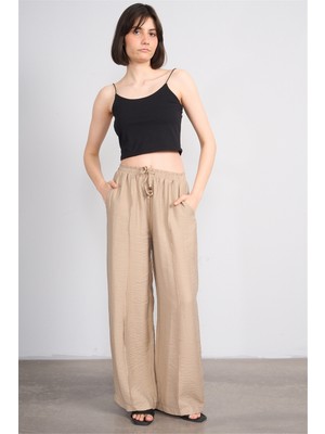 Fithit 7819 Bayan Viskon Geniş Paça Nervürlü Pantolon Vizon