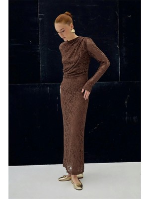 Sateen Y26 2124-3086 Dantel Elbise Kahverengi Kadın