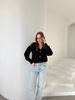 Konus Femme Siyah Düğmeli V Yaka Triko Hırka