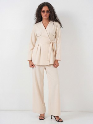 Bigdart Kadın Kimono Pantolon Kumaş Takım 30054 - Bej