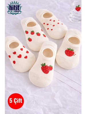Hitit Socks Kadın5 Çift Çilek ve Kalp Desenli Yüksek Pamuklu Görünmez Babet Çorap Beyaz