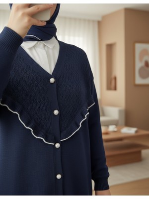 Moda Morfo Önü Fırfırlı İncili Düğmeli Triko Hırka -İndigo