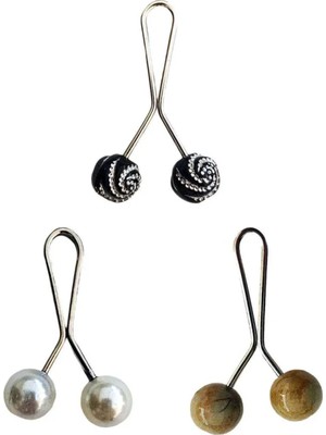 Esranın Dünyası 3 Adet Tesettür Eşarp ve Şal Klipsi Inci Beyaz Hardal Siyah Desenli