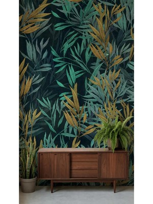 Arkhearts Verdanza – Altın Detaylı Petrol Yeşili Yaprak Desenli Kendinden Yapışkanlı Duvar Kağıdı