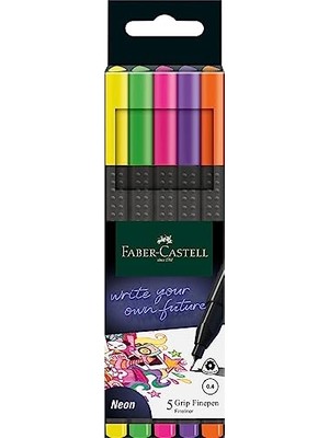 Faber-Castell Grip Finepen Ince Keçe Uçlu Kalem Seti, 5’li, Neon Renkler, 0.4 Mm, Metal Destekli, Ergonomik Üçgen Gövde