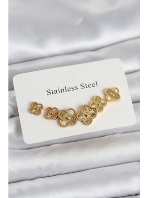 Clariss 316L Çelik Gold Renk Yonca Küpe Seti