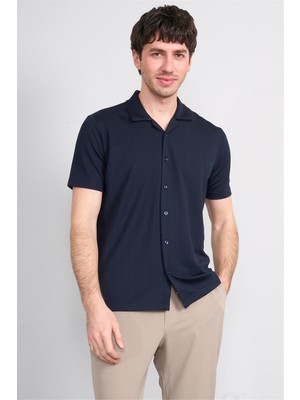 Mentality 4577 Erkek Apaş Yaka Kısa Kol Regular Örme Gömlek Lacivert