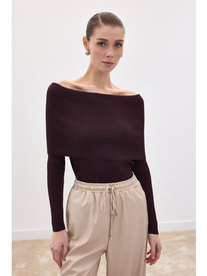 Sateen Madonna Yaka Fitilli Mürdüm Triko Bluz – Omuz Dekolteli Uzun Kollu Şık Kadın Bluz