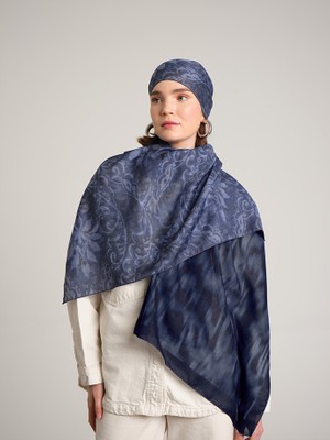 AYSHARA Yalaz Zebra Damask Desenli Çift Taraflı Şal - Koyu Kot Mavi